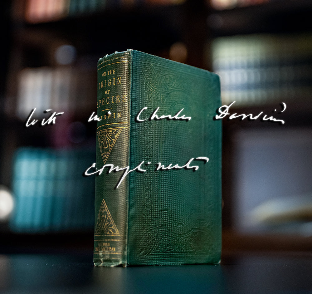 Vintage book titled 'On the Origin of Species' by Charles Darwin with blurred bookshelf in the background